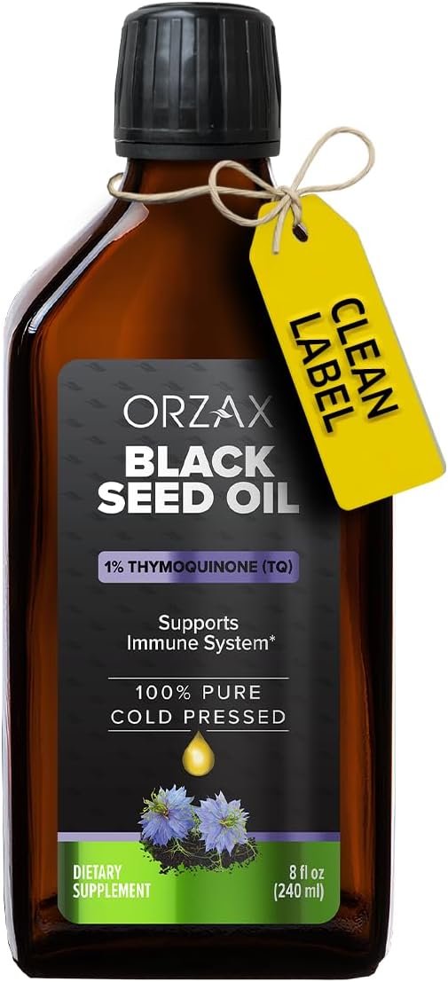 Black Seed Oil Liquid (8 fl oz) - Cold Pressed 100% Pure | Vegan, Gluten Free, Non-GMO | 5000mg Black Cumin (Nigella Sativa) Oil with 50mg Thymoquinone | Rich in Omega 3-6-9 | Glass Bottle