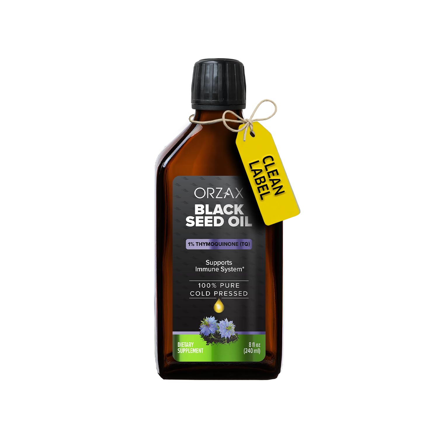 ORZAX Black Seed Oil Liquid (8 fl oz) - Cold Pressed 100% Pure | Vegan, Gluten Free, Non-GMO | 5000mg Black Cumin (Nigella Sativa) Oil with 50mg Thymoquinone | Rich in Omega 3-6-9 | Glass Bottle