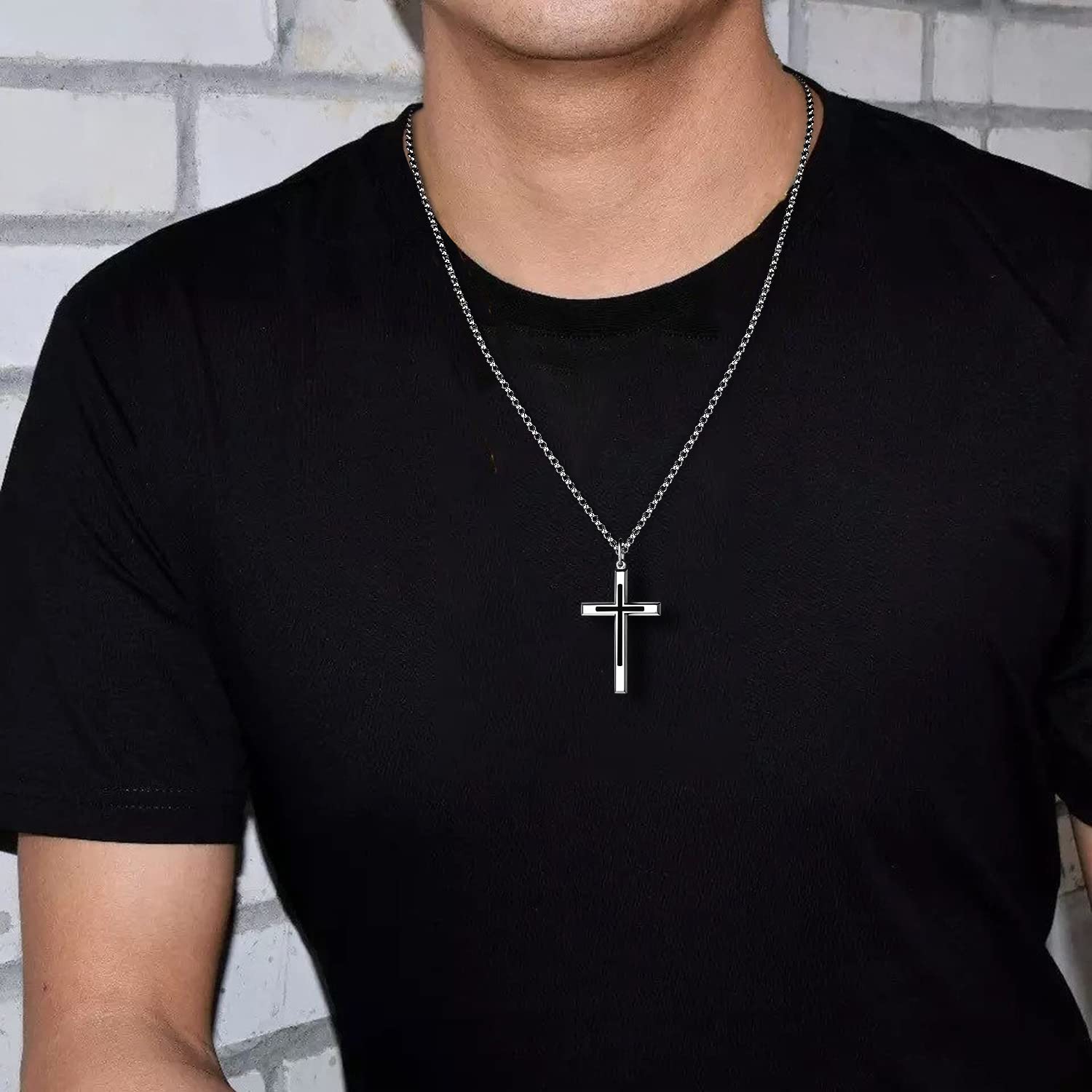 FANCIME Collar de Hombre con Colgante de Cruz Negra para Hombre Niños de Plata de Ley 925 Chapada Oro Blanco con Cadena de Acero Inoxidable Joyería para Él Niños - Longitud Cadena: 60 cm