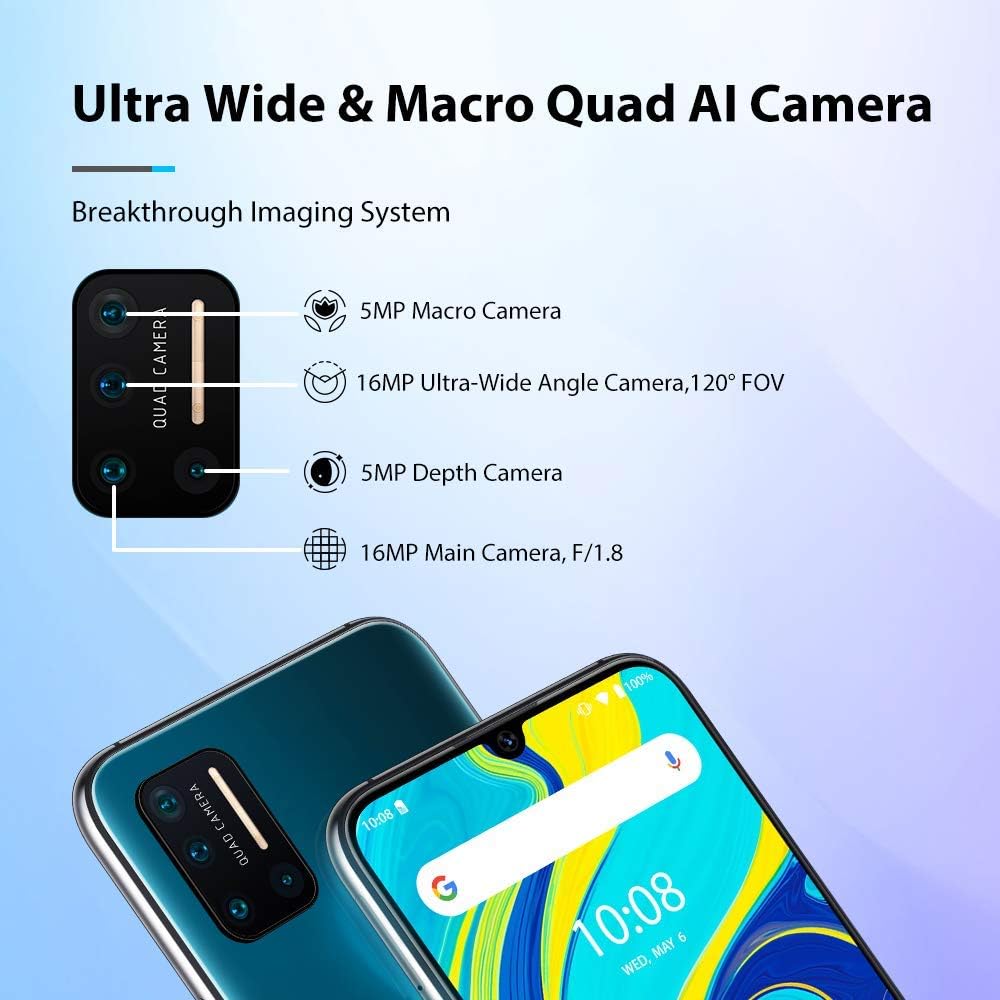 UMIDIGI Smartphone 2.4 K Schermo 6.3" FHD+, 64GB ROM, 16MP+16MP+5MP+5MP | 4150mAh, 4G Dual SIM,4GB RAM Android Telefono cellulare,Face ID/Fingerprint/GPS/OTG, A7 Pro Blu