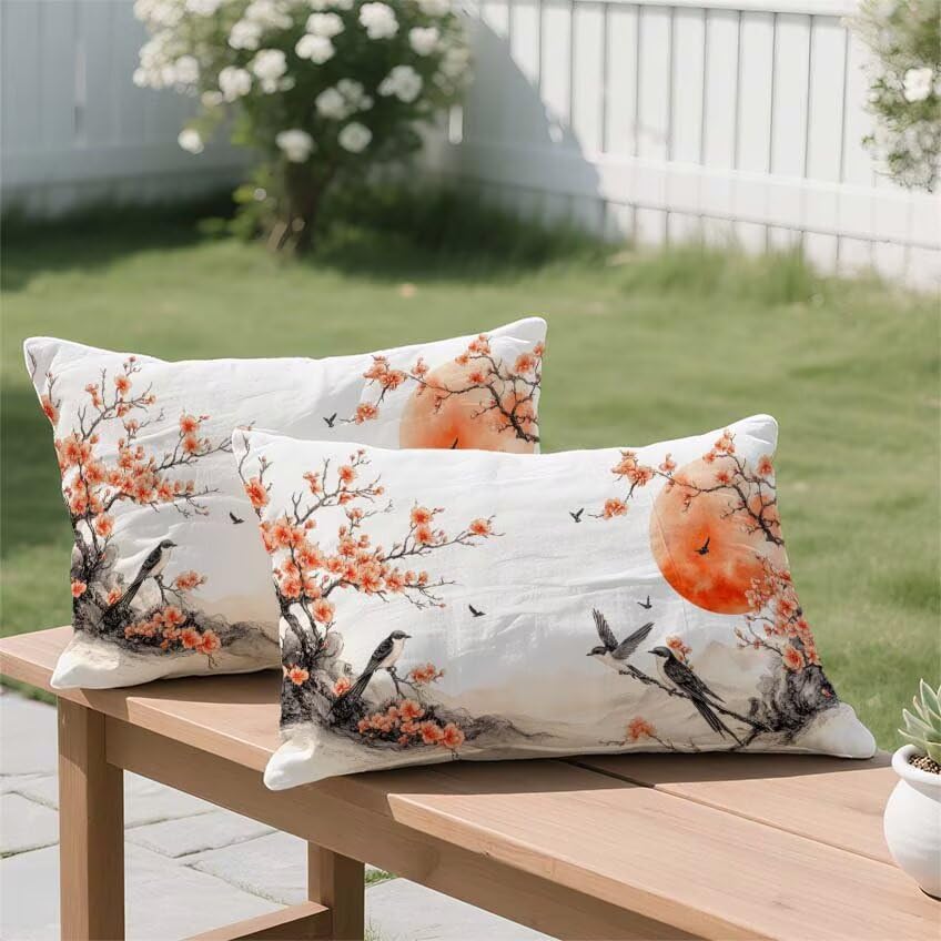 Housse de coussin 50x70cm oiseau imperméable orange brûlée, idée cadeau décoration maison