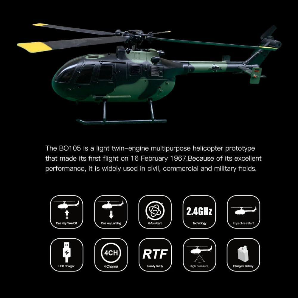C186 Remote Control Helicopter for Adults 14y+ Beginner Expert Single Rotor Aileronless BO-105 Like-Real RC Aircraft Model Air Pressure Hover Aerobatic Flight 6-Axis Gyroscope (Camo2 Batteries)