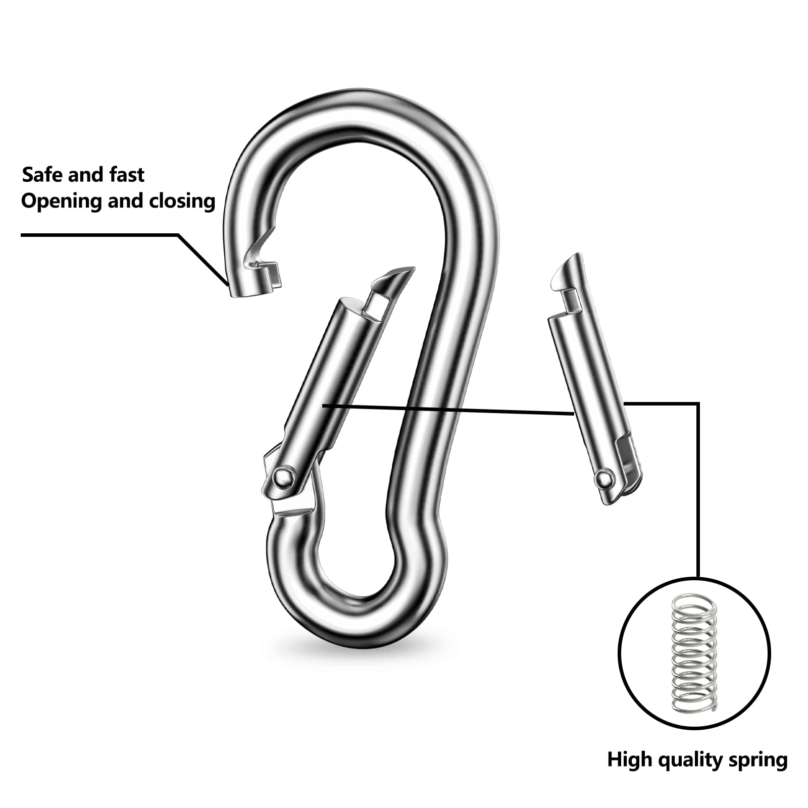 Uootach Lot de 12 Mousquetons, Mousqueton à Ressort en Acier Inoxydable 304, Portant de Charge sûr 140KG, Printemps fermé 60 * 30 * 5.9MM. Mousqueton pour hamacs, Camping, pêche, auvents(Argent)