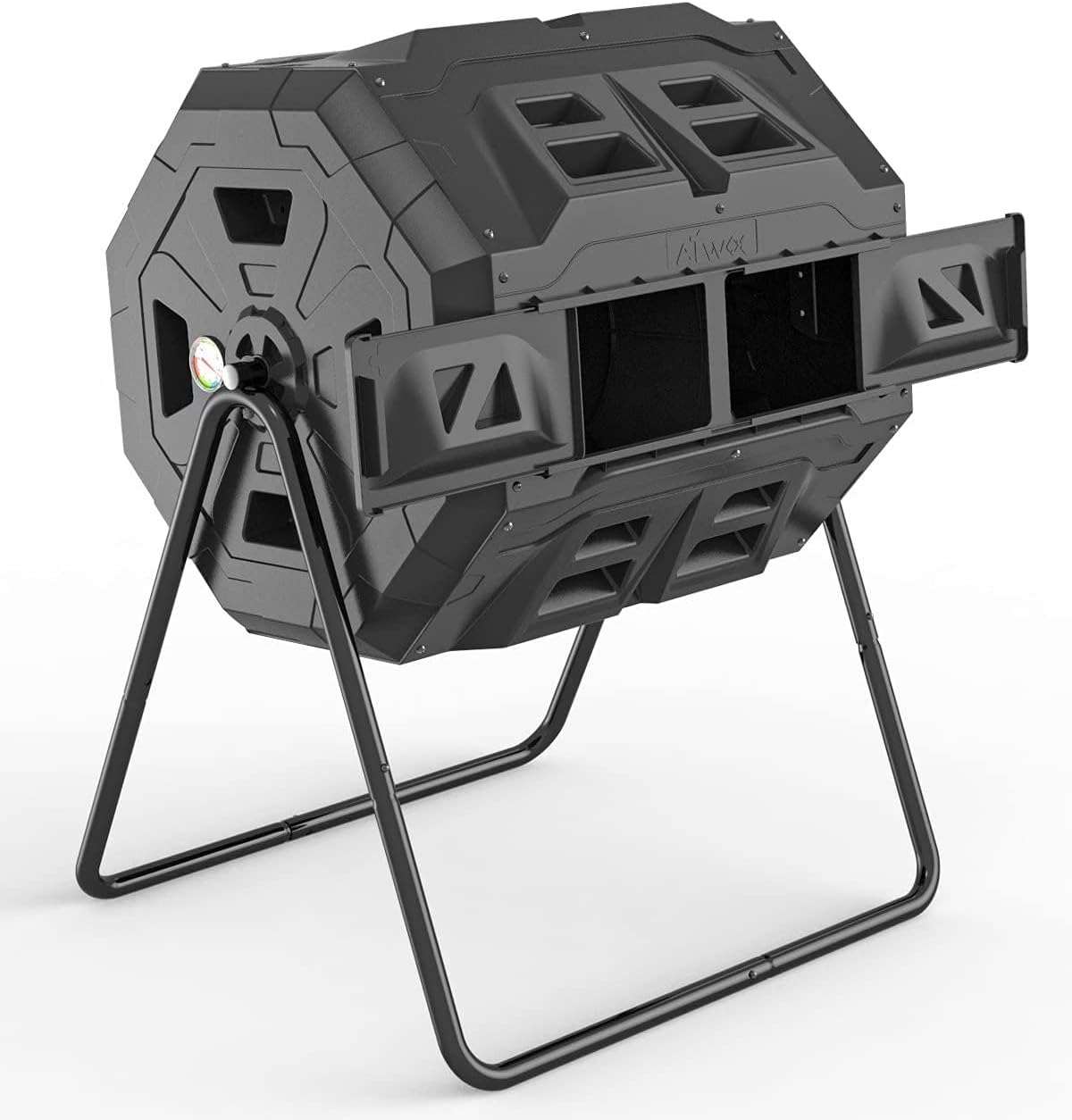 EJWOX 43 Gallon Dual Chamber Tumbling Composter with Integrated Thermometer - Rotatable Outdoor Compost Bin, Dual Batch Design for Garden Waste, Black