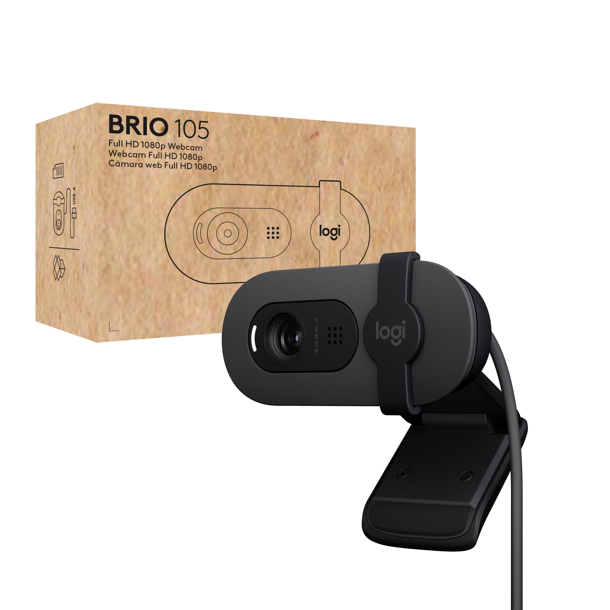Logitech Brio 105 Webcam Pro Full HD 1080p avec équilibre Automatique de l'éclairage, USB-A, volet de confidentialité, Configuration Facile, Compatible Windows, macOS et ChromeOS - Graphite