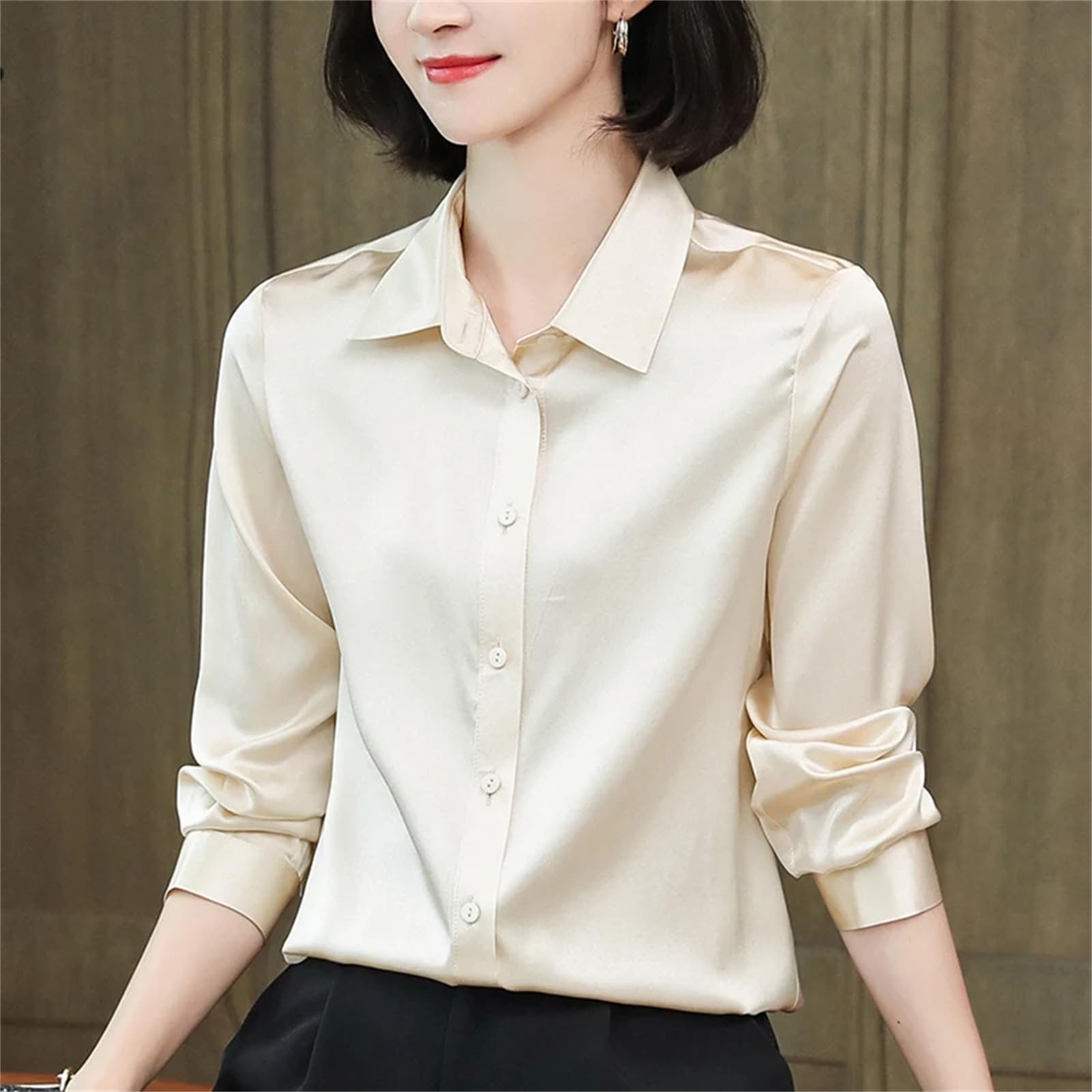 Blusa básica de satén de seda para mujer, cuello vuelto, manga larga, para oficina, trabajo, etc