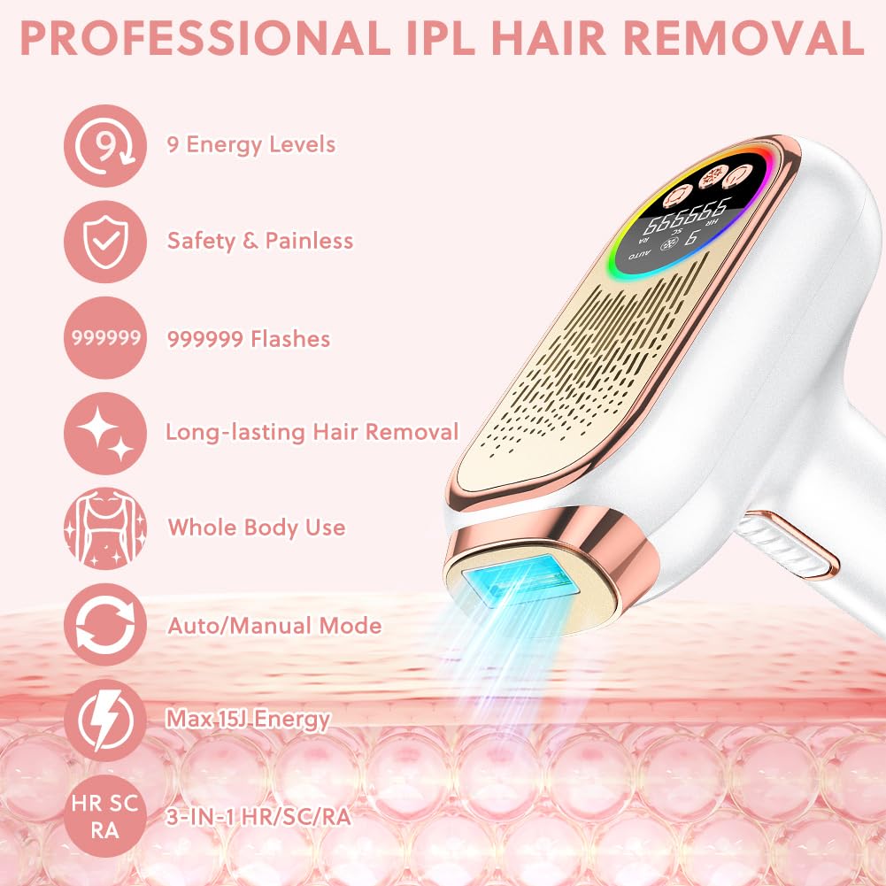 AOOWU Épilateur à Lumière Pulsée, HR/SC/RA 3-en-1 IPL Épilateur Laser avec 9 Niveaux D'Énergie, 999,999 Flashes IPL Épilateur Electrique avec 2 Modes pour Femme et Homme, Visage, Corps
