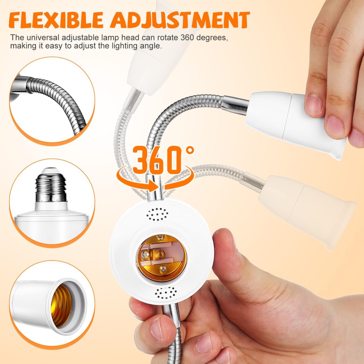 SHINEOFI 3 in 1 Light Socket Splitter, E27 Light Socket Extender Adapter | Adjustable Lamp Holder with 2 Flexible Gooseneck & 1 Center Outlet for Garage, Porch Security Camera, Plants
