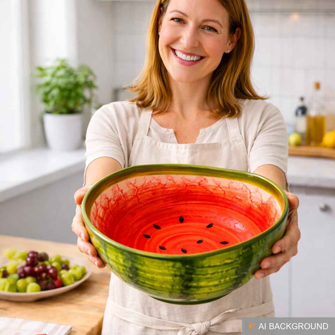 Lashuma Handgemachte Obstschale Melone, Servierschale aus Italienischer Keramik in Melonenoptik, Runde Salatschüssel 24 cm