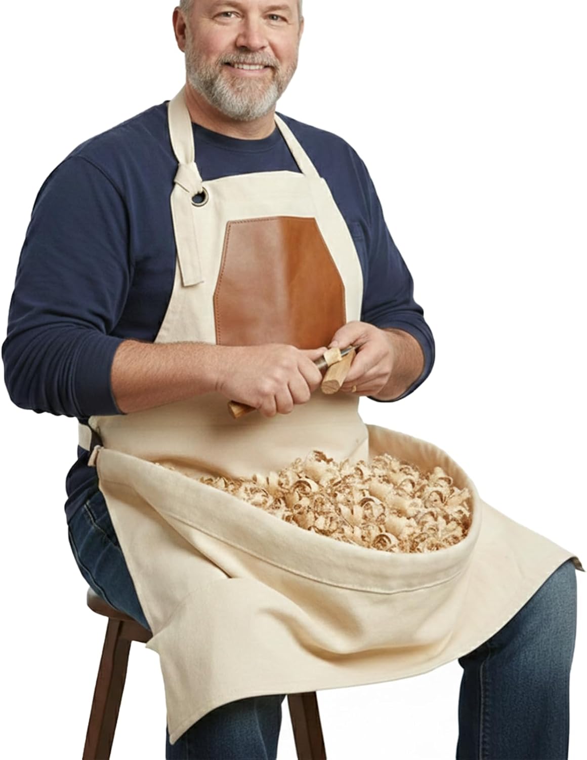 Woodcarving Apron-Work Apron with Brown Leather Chest Patches, Tool Pocket