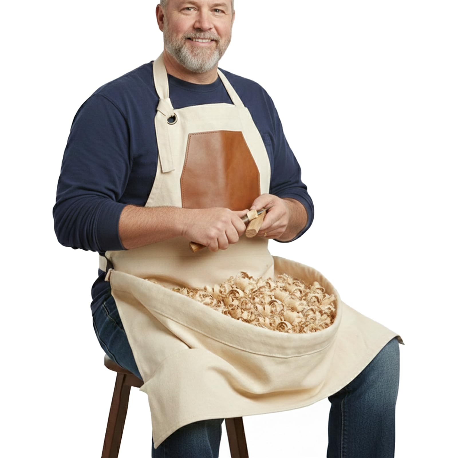 Woodcarving Apron-Work Apron with Brown Leather Chest Patches, Tool Pocket