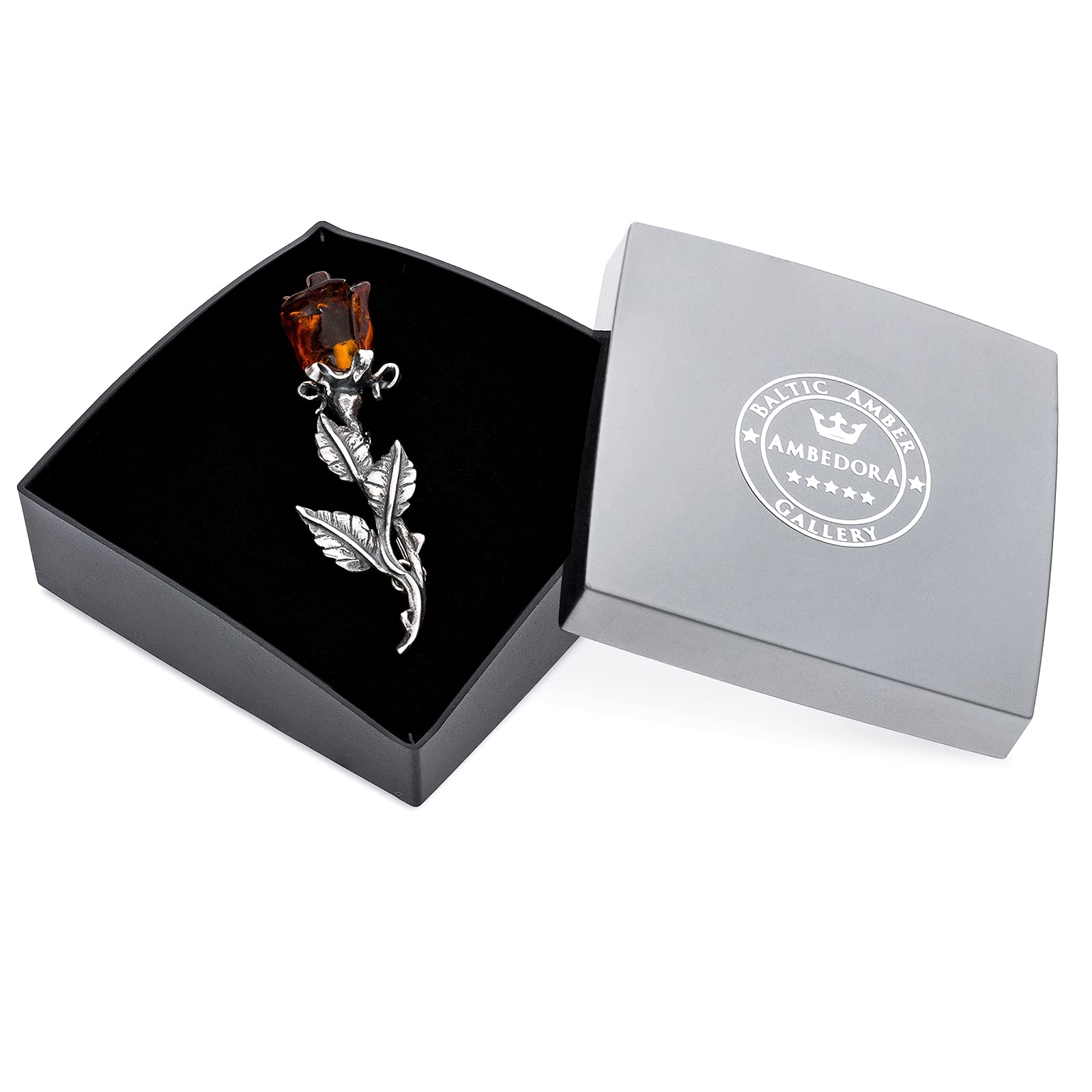 Broche pour femme en argent 925 oxydé, rose d'ambre baltique sculptée à la main, broche en rose d'ambre cognac,ensemble cadeau prêt à l'emploi Saint-Valentin, anniversaire de mariage