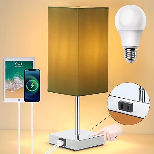 LISABO Lámpara de mesa, lámpara de noche con puerto USB y tomacorriente, lámpara de mesita de noche con estación de carga, lámpara táctil regulable
