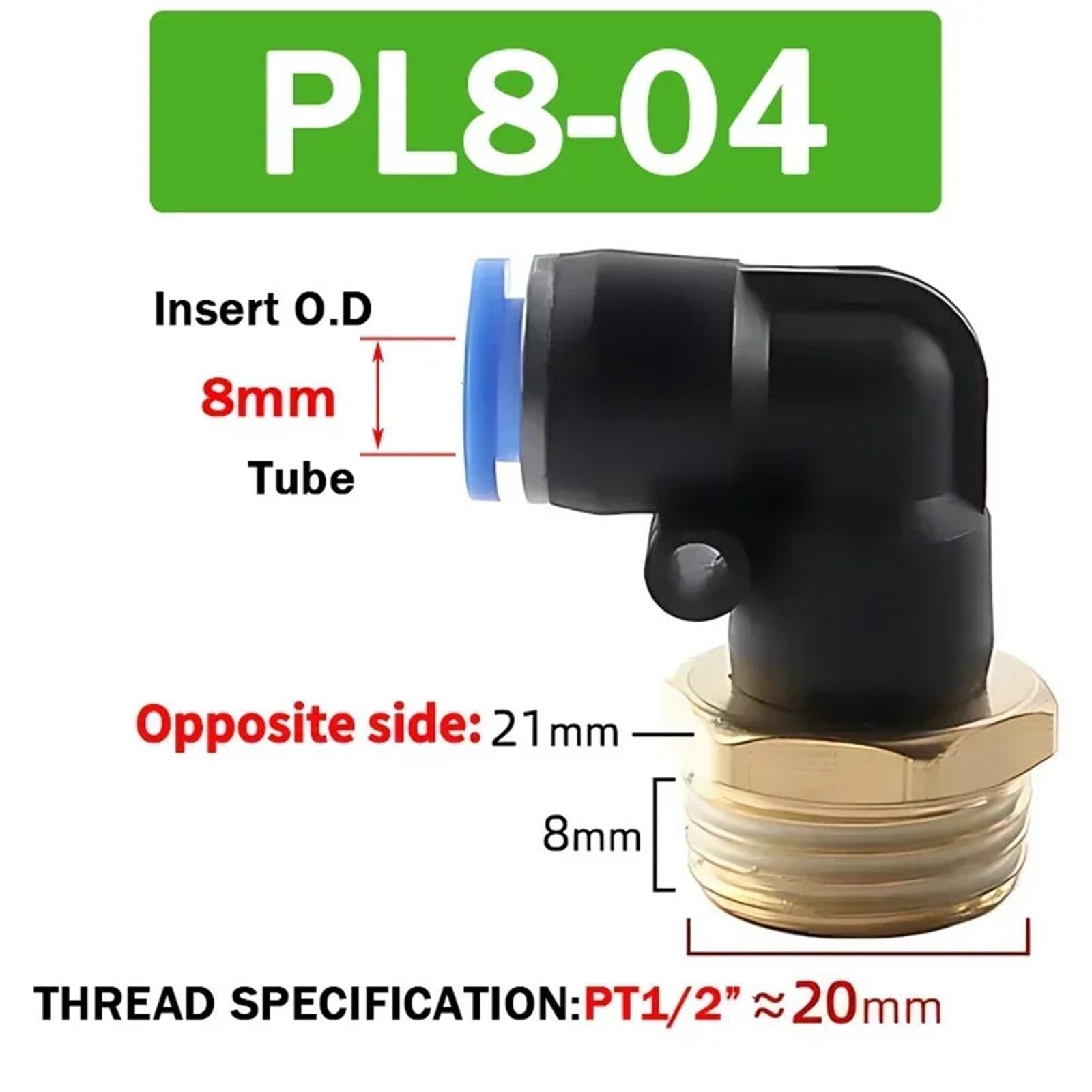20/50/100PCS Connettore Aria Pneumatica PL 4mm 6 8 10 12mm Filettatura 1/8 1/4 "3/8" 1/2 "Trachea Gomito Raccordi Aria Tubo Rapido Conector(PL8-04,50 PCS)