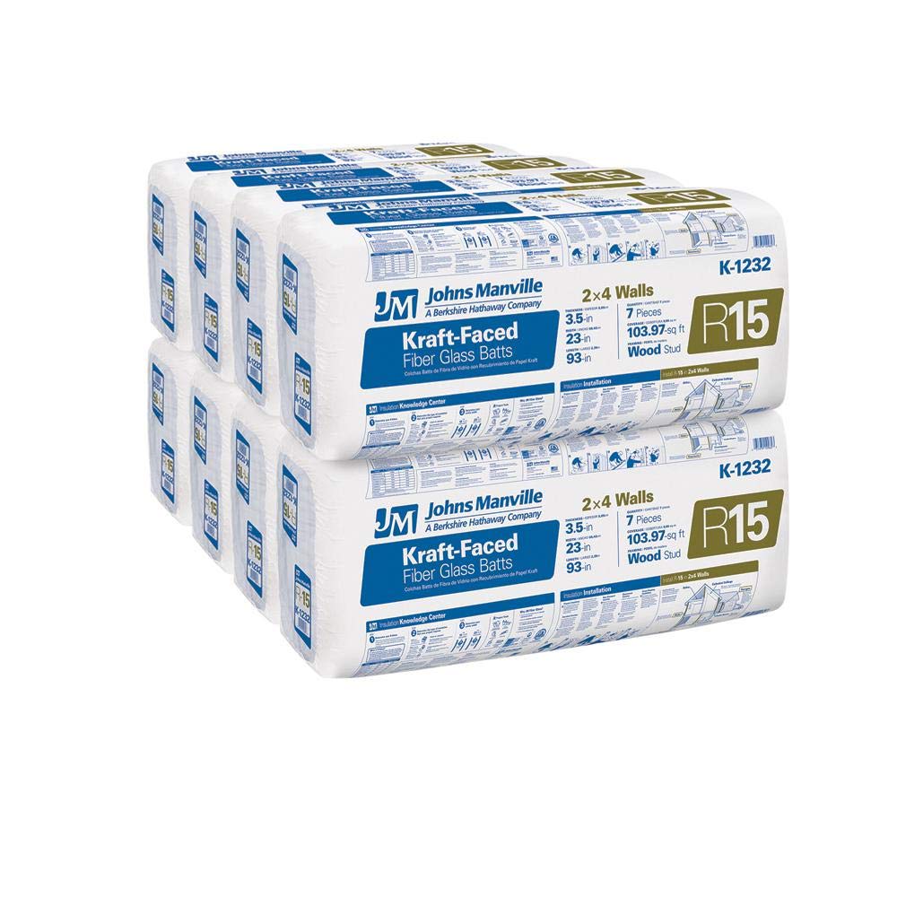 Johns Manville 1040 SQFT 10 Bags of R 15 Kraft Faced 23 by 93 Fiberglass Batts Fits 2X4 Exterior Walls