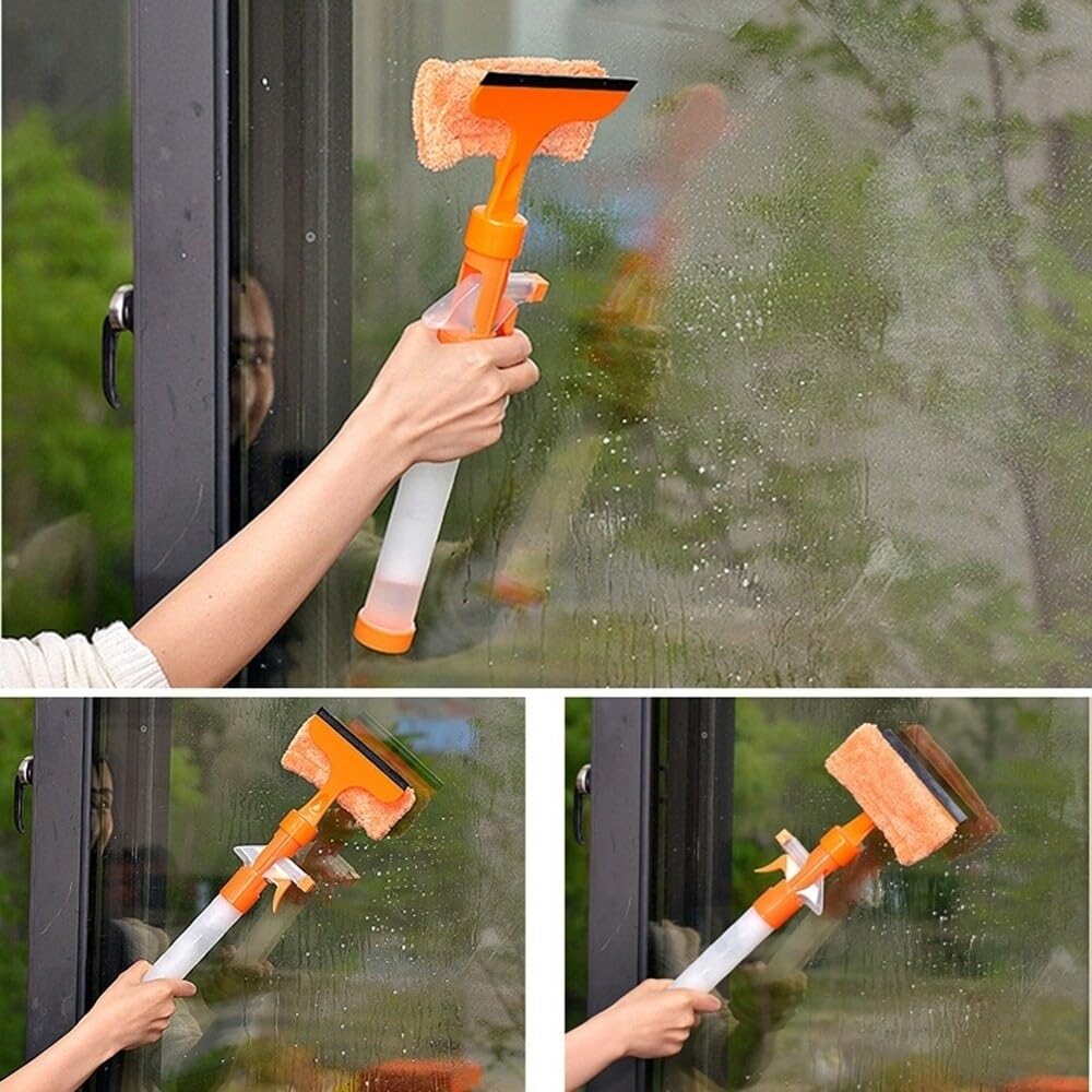 FYCAN 3 in 1 Easy Glass Spray Type Multi-Functional Double-Sided Cleaning Scraper Household Tool Spray Water Brush Glass Scraping Tool Cleaner Accessories Double-Sided Window Cleaner Window,(Orange) 4