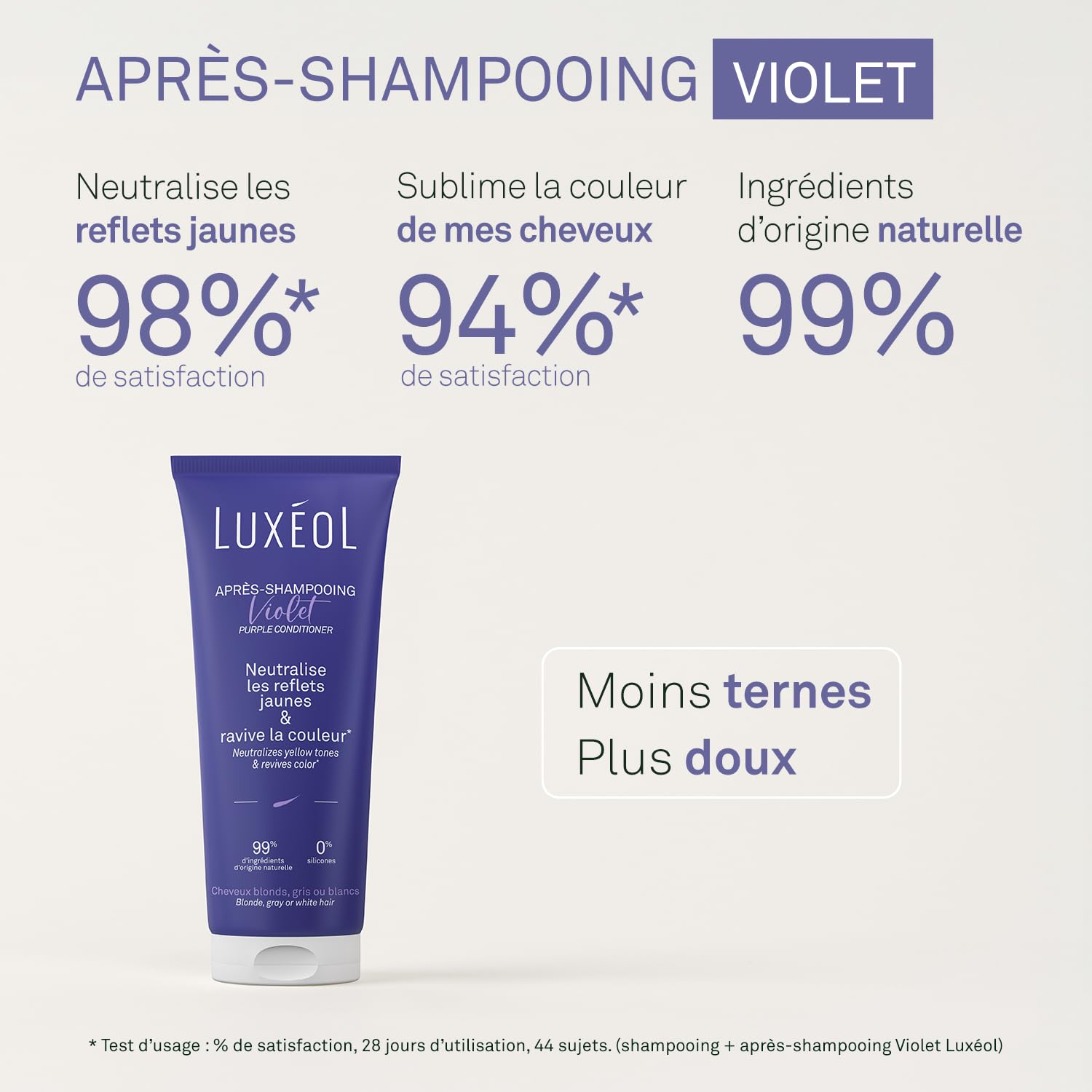 LUXEOL - Après-Shampooing Violet - Neutralise Les Reflets Jaunes & Corrige Les Reflets Cuivrés* - Ravive la Couleur* - Contient Un Pigment Violet Correcteur - Fabriqué en France - 200 ml