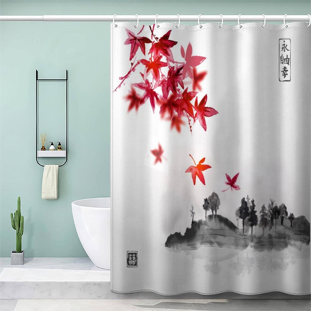 AOLIGL Japanese Style Shower Curtain 120x180cm for Bathroom Kitchen Washable Bathroom Curtain Japanese Ink Art Polyester Fabric Bathroom Curtain Anti Mould Shower Curtain Kids