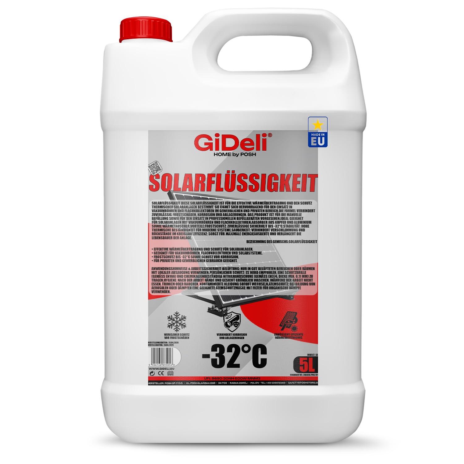 GiDeli Liquido solare da 5 l, antigelo, miscela pronta fino a -32 °C, glicole propilenico atossico, protezione affidabile contro la corrosione, massima efficienza termica, ideale per termica, casa e