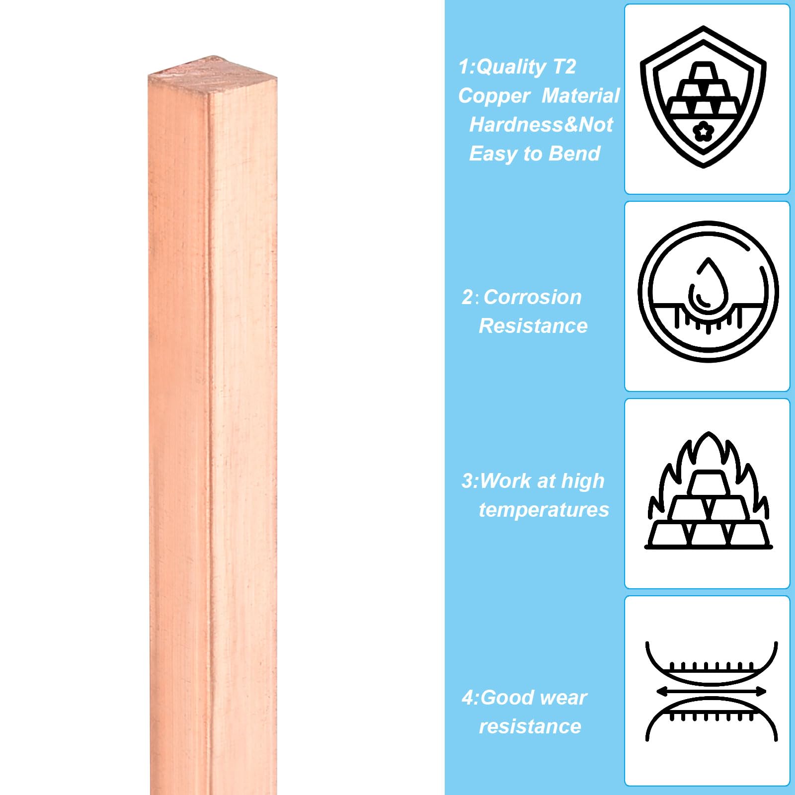 PATIKIL Barra Quadrata in Rame T2 da 0,2x0,2x19,69", Solido Materiale Piatto per La Lavorazione, La Manutenzione, La Decorazione Architettonica Elettrica, Rame