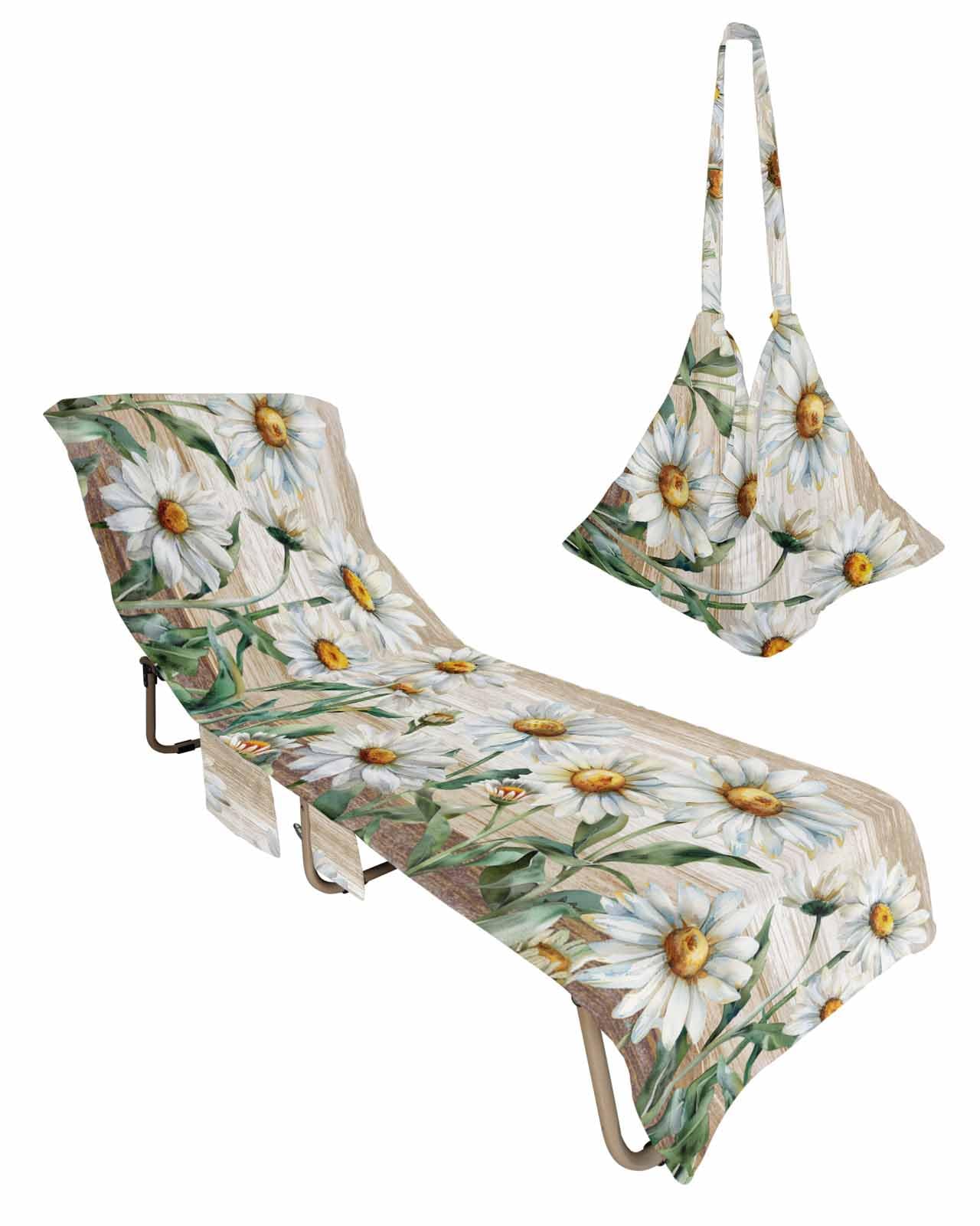 Daisy Flower Beige Beach Lounge Chair Towel Cover, Soft Chaise Lounge Towel with Side Pockets Patio Pool Chairs Cover for Beach/Pool Sunbathing 29x85 Retro Floral Plant Farmhouse Wooden
