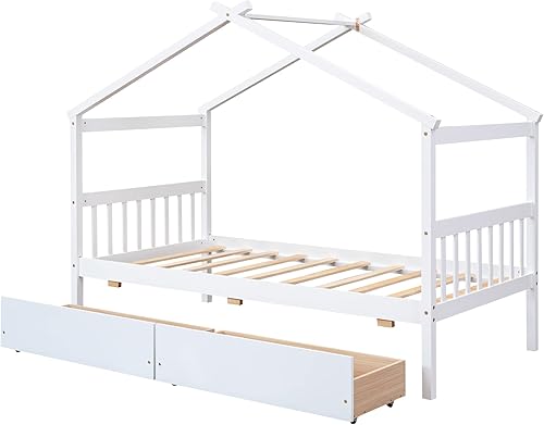 Miniatura 5 de Creativity - Cama de casa con cajones, cama de plataforma de madera maciza para niños con cabecero y techo decorativo, cama con dosel con diseño de