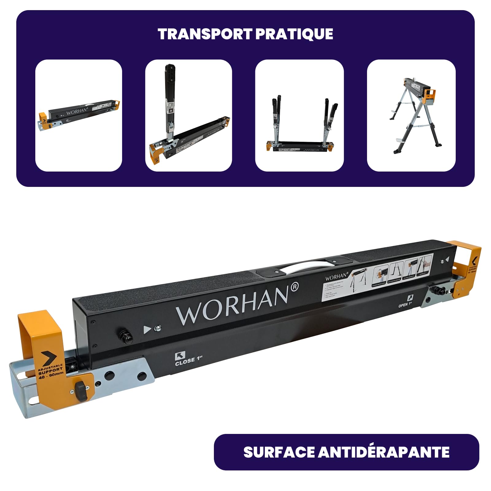 Tréteaux Paire Robuste Stable (set de 2) Pieds Antidérapants Ajustables Réglage Rapide Chavalet Sciage Pliants Etablis Acier Galvanisé S600A