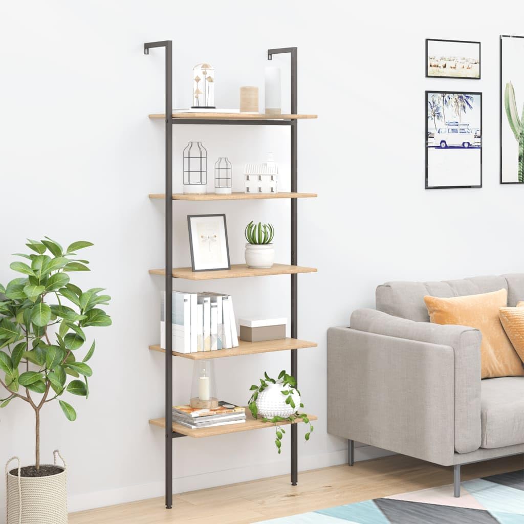 vidaXL Anlehnregal mit 5 Ablagen Bücherregal Büroregal Standregal Aktenregal Leiterregal Wandregal Bücher Regal Hellbraun Schwarz 64x35x185 cm