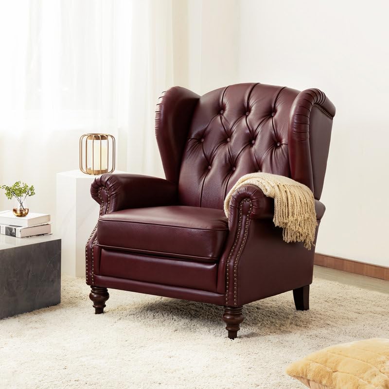 Image of Amyri 33 inch Wide Faux Leather Wingback Armchair with Button-Tufted Backrest (Burgundy)