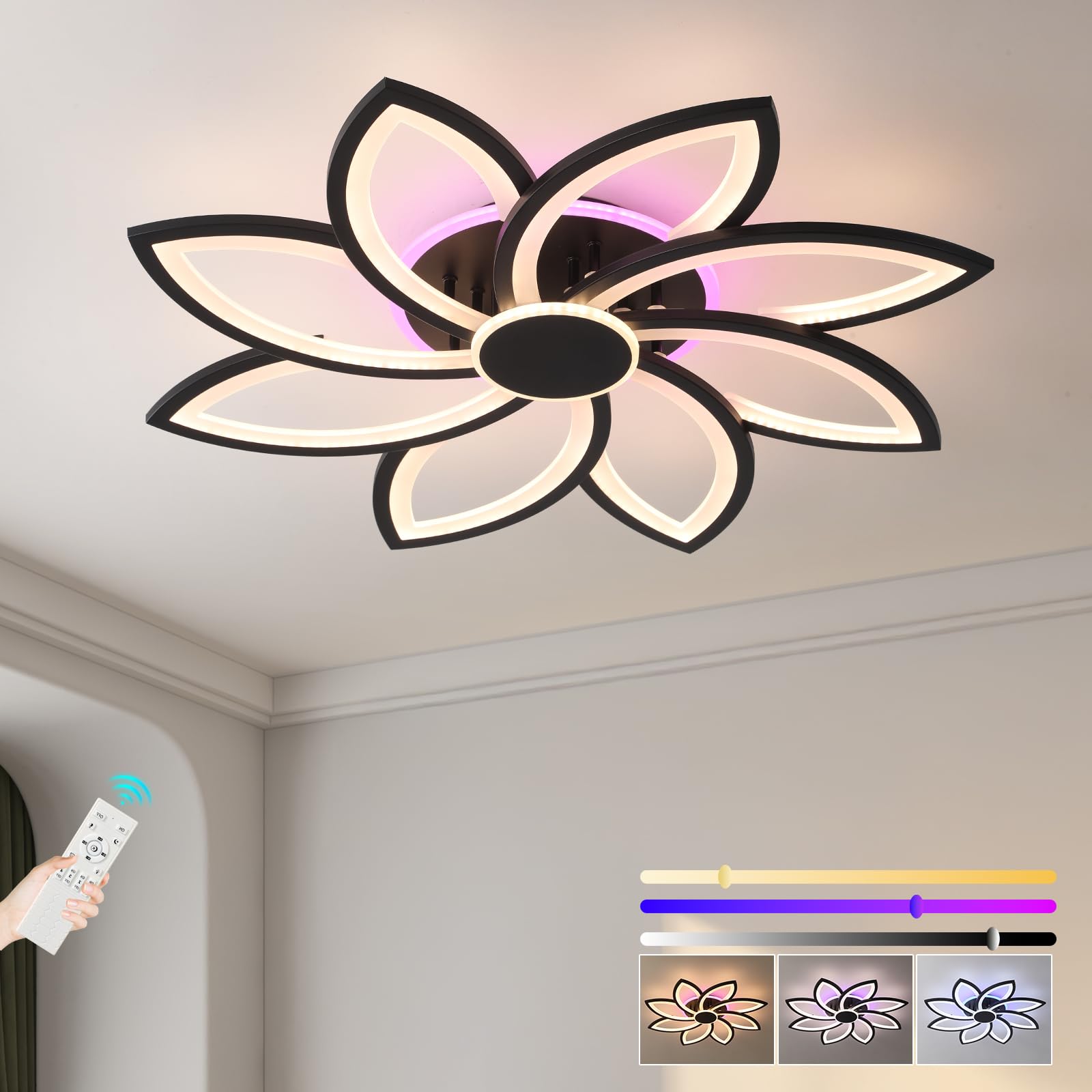 ZAITINZ LED Ceiling Light Dimmable,70W Black Modern Flush Ceiling Lights with Remote Control, Flower Acrylic Shape Ceiling Lamp for Bedroom Living Room Kitchen Game Room,3000-6500K — image 1