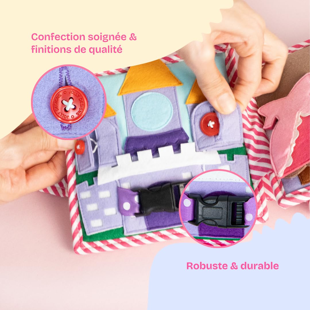 Jolly Designs Mini Quiet Book Petite Princesse - Jouet Montessori à partir de 36 mois - Livre sensoriel en tissu pour enfants - Fait main avec 6 pages d'activités - Jouet éducatif et jouet de voyage