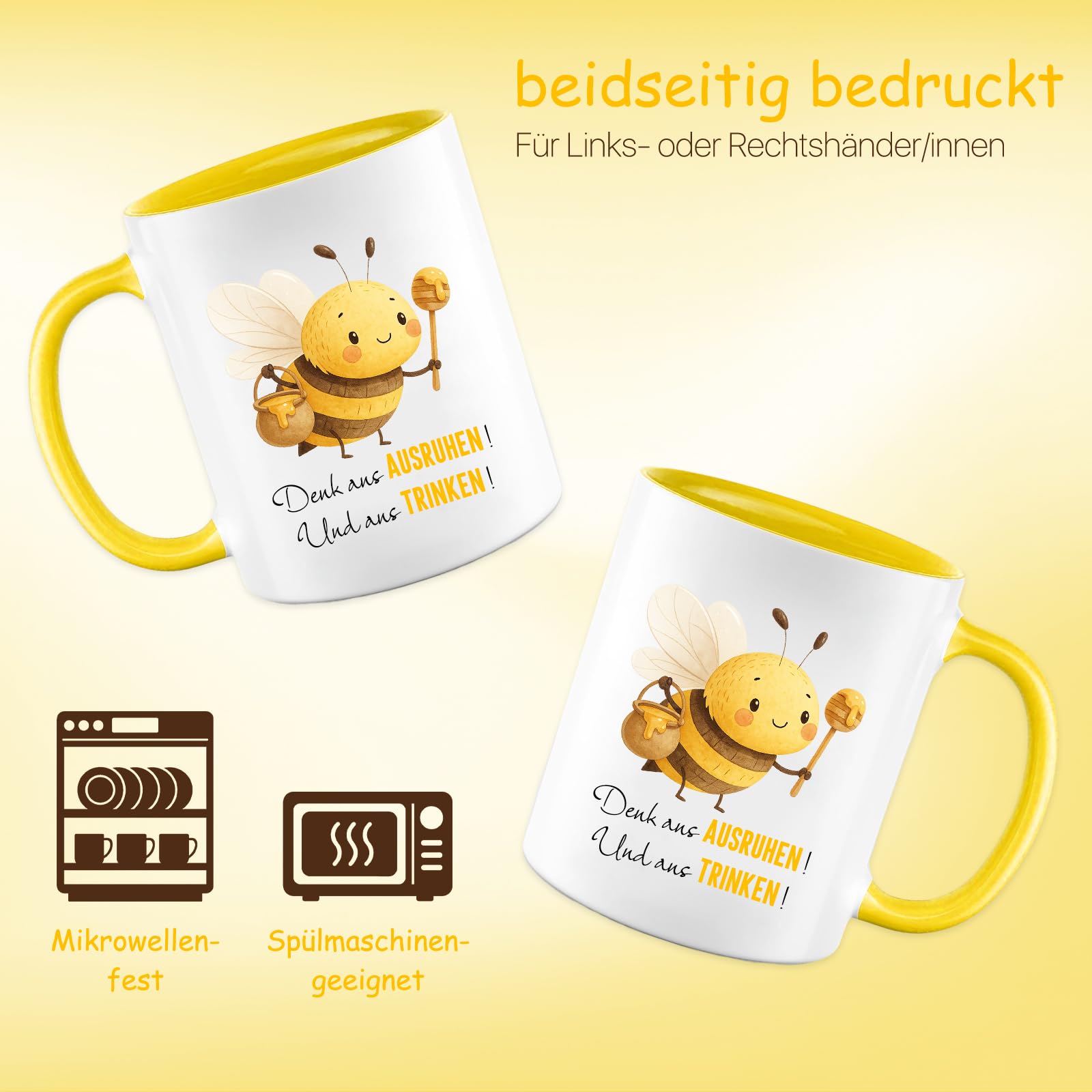 Geschenk für Frauen, Männer & Kinder, 325ml Tasse mit Strick-Deko Fröhliche Biene Glücksbringer, Geburtstag, Weihnachten, Gute Besserung, Prüfungsgeschenk, Abschiedsgeschenk