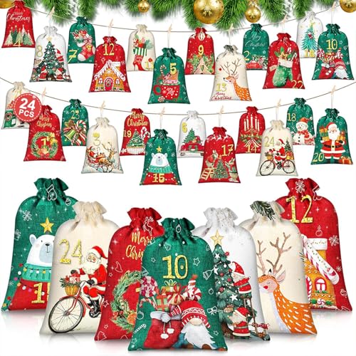 Gigmeta 24 Stk Adventskalender zum Befüllen, Stoff Adventstüten, 18 x 12/15 x 10 cm Gedruckte Stoffbeutel Kinder Weihnachtskalender, Groß Adventstüten zum Selber Befüllen, Adventskalender 2025 Kinder