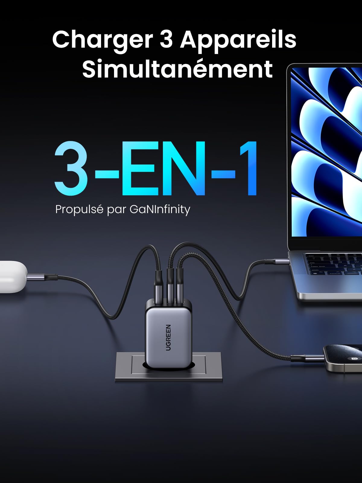 UGREEN Nexode 65W USB C Chargeur Rapide 3 Ports GaNInfinity Prise USB C