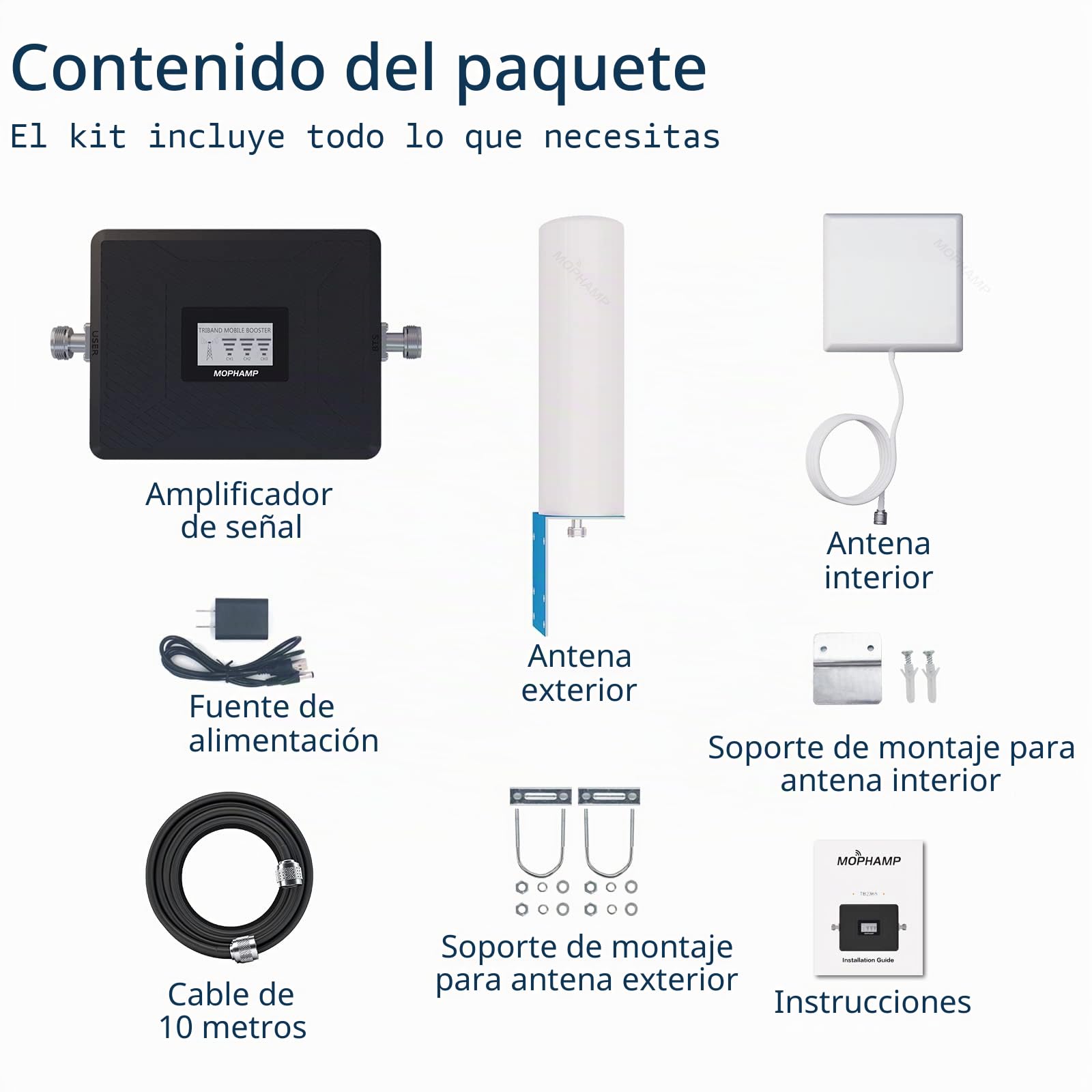 Amplificador Señal Movil 4G/3G/2G 900 1800 2600MHz Repetidor De Señal Movil Band 8/3/7 Apto para Movistar, Orange, Vodafone Kit completo adecuado para el hogar, la oficina