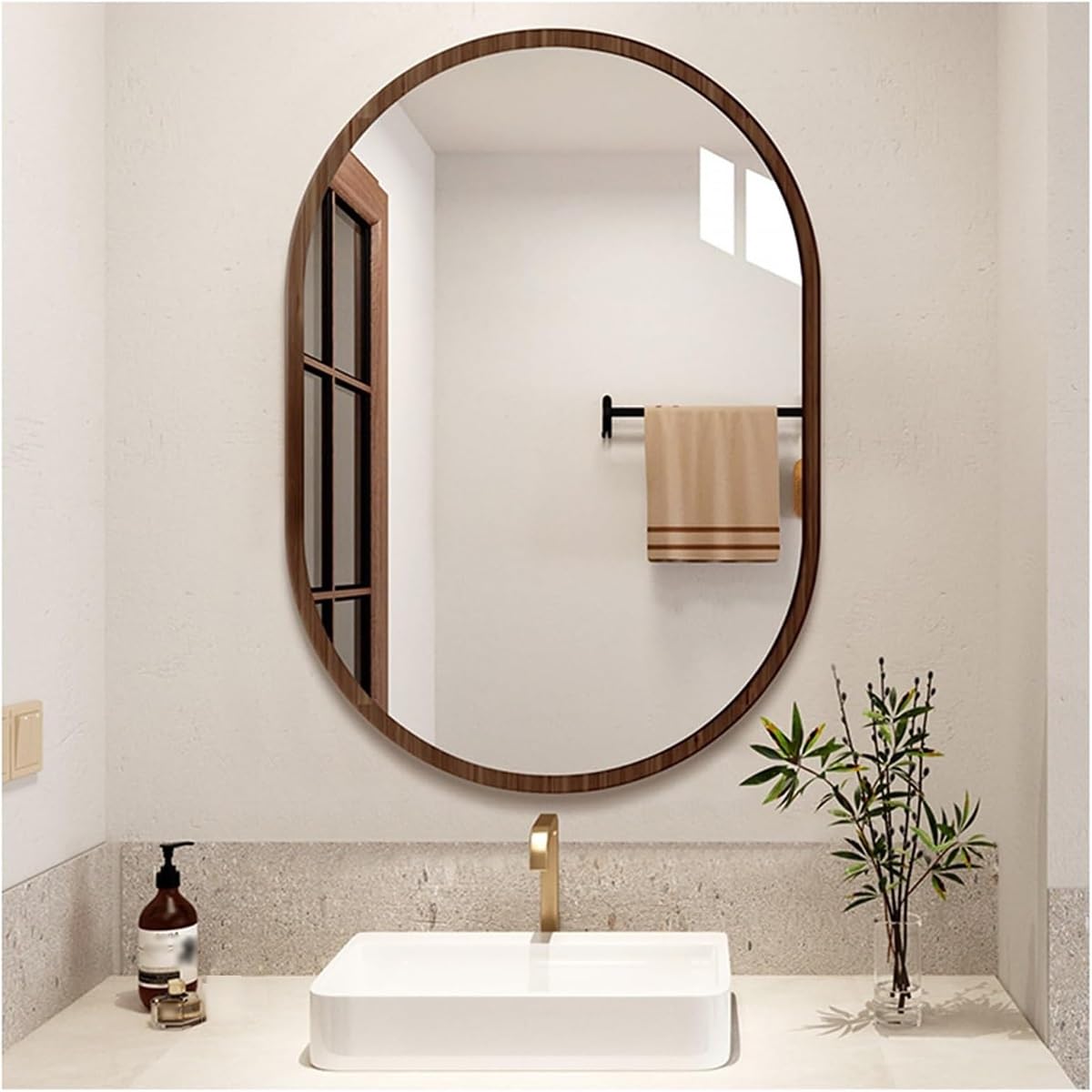 Miroir ovale mural pour salle de bain, entrée, chambre à coucher et salon - Noyer portable - Deux tailles (46 cm x 60 cm)