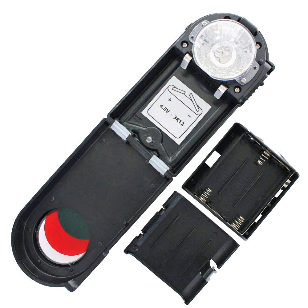Latarka z 3 diodami LED. Kolorowe filtry, przycisk Morse'a. Plastik, czarny
