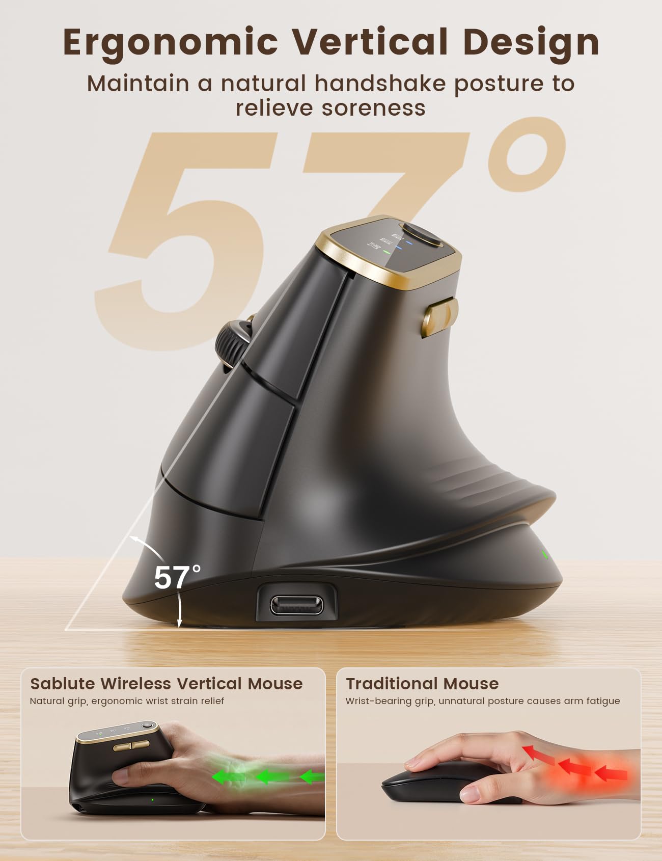 SABLUTE MAM4 Ergonomic Vertical Mouse for M/L Hands, 8K DPI, Ultra-Fast Scrolling, 6 Programmable Buttons, Tri-Mode Wireless Rechargeable Mouse, 800mAh Built-in Battery, for PC/Mac/Laptop, Black - 3