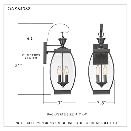 Miniatura 8 de Quoizel OAS8408Z Oasis - Farol de pared para exteriores, 2 luces, 120 vatios, bronce Medici (21 pulgadas de alto x 8 pulgadas de ancho)
