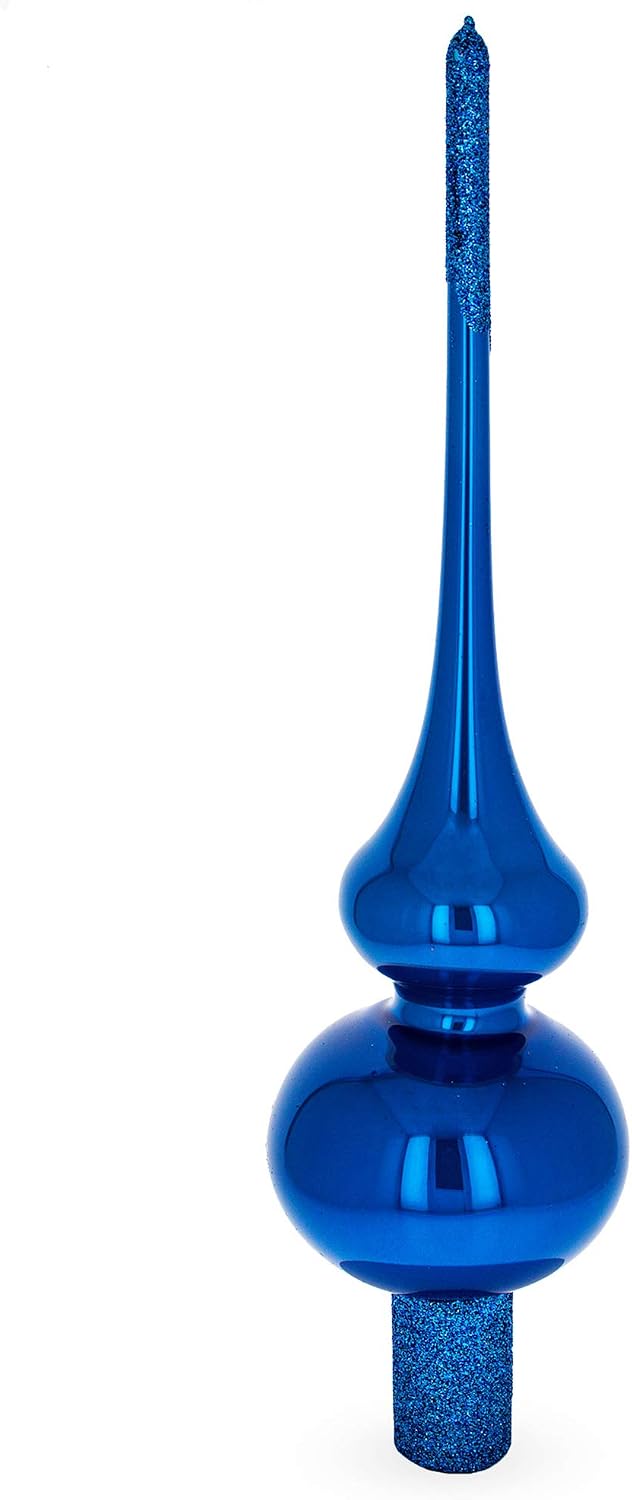 Glossy Blue with Sparkling Top Glass Christmas Tree Topper 11 Inches