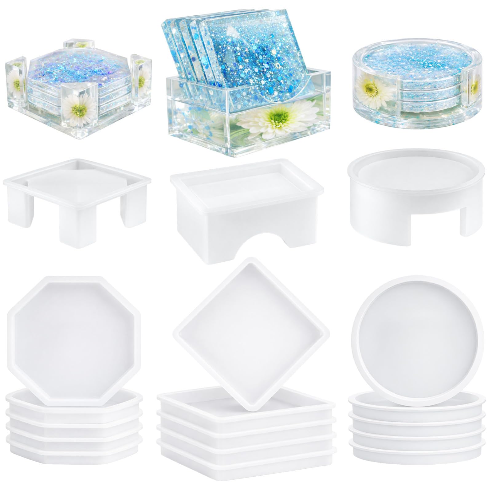 M.J COMFY-LIFE 18 Pcs Coaster Resin Moulds Silicone Coaster Molds for Epoxy Resin with Round Square Octagon Shape Holder DIY Art Craft Cup Mats Mould Making Kit for Home Decoration