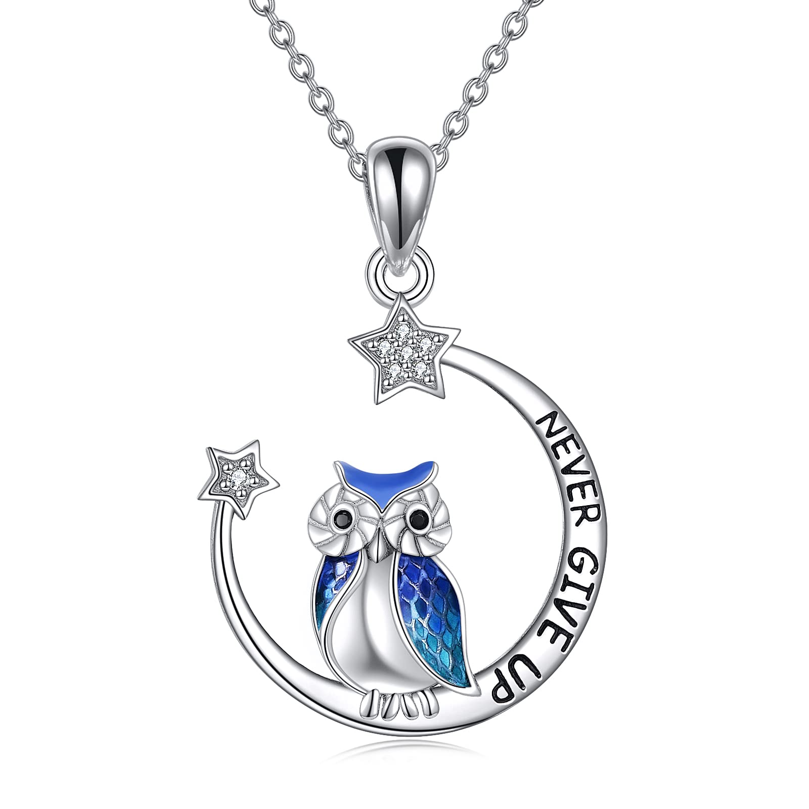 YFN Owl eulen Halskette Inspirierender Schmuck Sterling Silber Geben Sie niemals auf Eulengeschenke Moon Star Halskette für Frauen Girlsr (Blue)