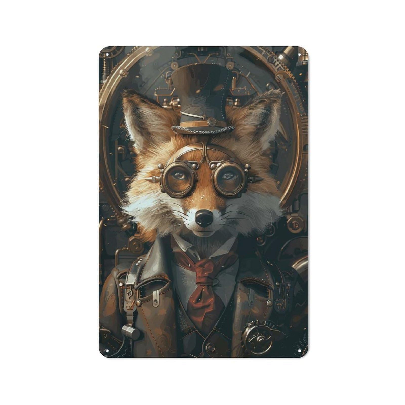 Junmoney Style-16 Tin Sign With Steampunk Animal Fox Design 30X20cm, Understated Studio Wall Plaque For Hobby Room, Office, Lounge Or Living Room