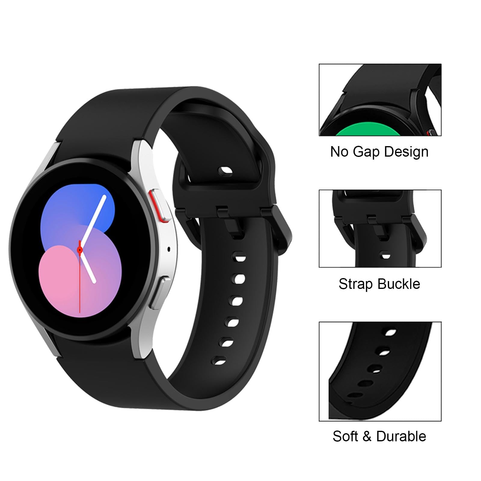 Lot de 5 bracelets compatibles avec Samsung Galaxy Watch 4 5 6 7 40 mm 44 mm, Galaxy Watch 4 6 Classic, Galaxy Watch 5 Pro, bracelet de montre de sport réglable en silicone de 20 mm sans espace