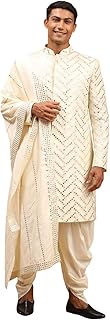 vastramay Men's Cream Silk Blend Sherwani Set With Dupatta | Trend setting Men's Indowestern Style Mirror Work Sherwani. Cowl Style Patiala Dhoti Pant Set. Comes With Mirror Border Viscose Dupatta.-picture-11