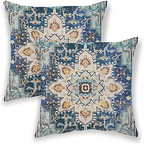 BETGINY Boho Pillow Covers 18x18, Blue and Teal Ethnic Design Outdoor Decorative Throw Pillows for Couch, Carpet Pattern Decor Cushion Cover 2 Pcs Farmhouse Linen Pillowcase for Bed Car Safa Cover