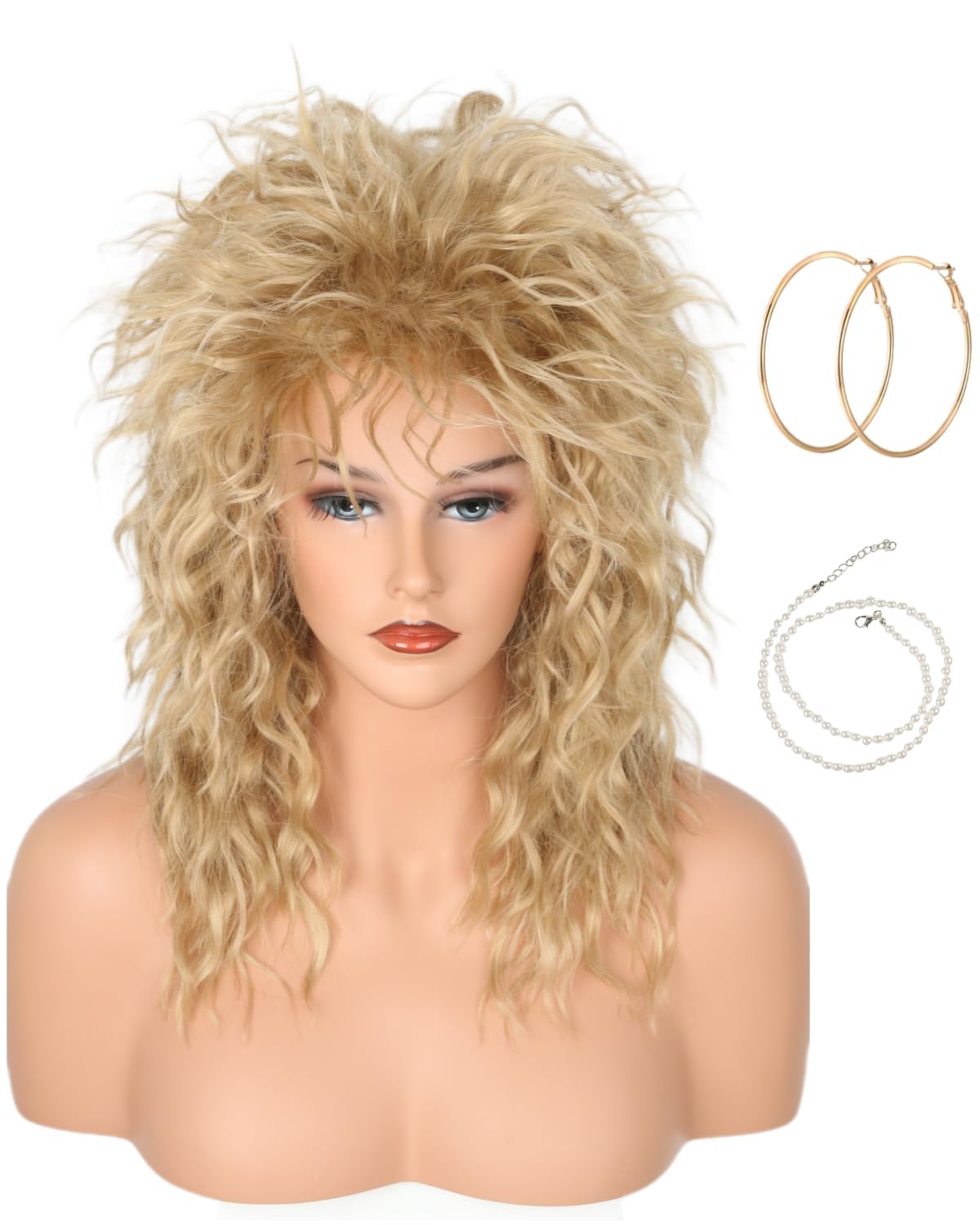 Lucoacos Womens Blonde Long Curly 80s Rocker Mullet Wig Halloween Party Costume Wig