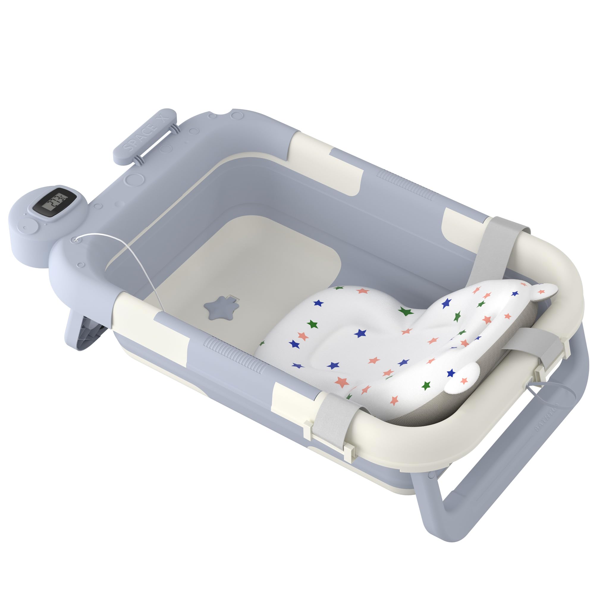 FIVMEN Vasca da bagno pieghevole con struttura, termometro e cuscino da bagno, antiscivolo, portatile, per neonati, colore: blu chiaro