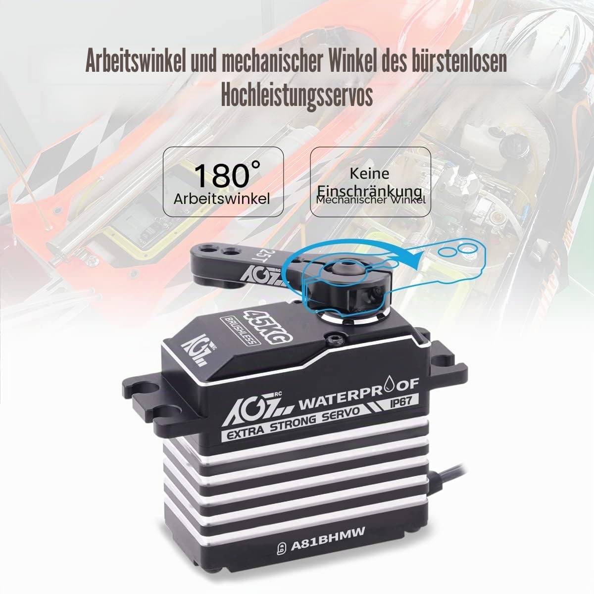 AGFRC 45 kg wasserdichter RC-Lenkungs-Servomotor High-Torque – Vollmetallgetriebe, digitales bürstenloses Servo für 1/8 1/10 RC Auto Boot Crawler, Steuerwinkel 180 ° (A81BHMW)