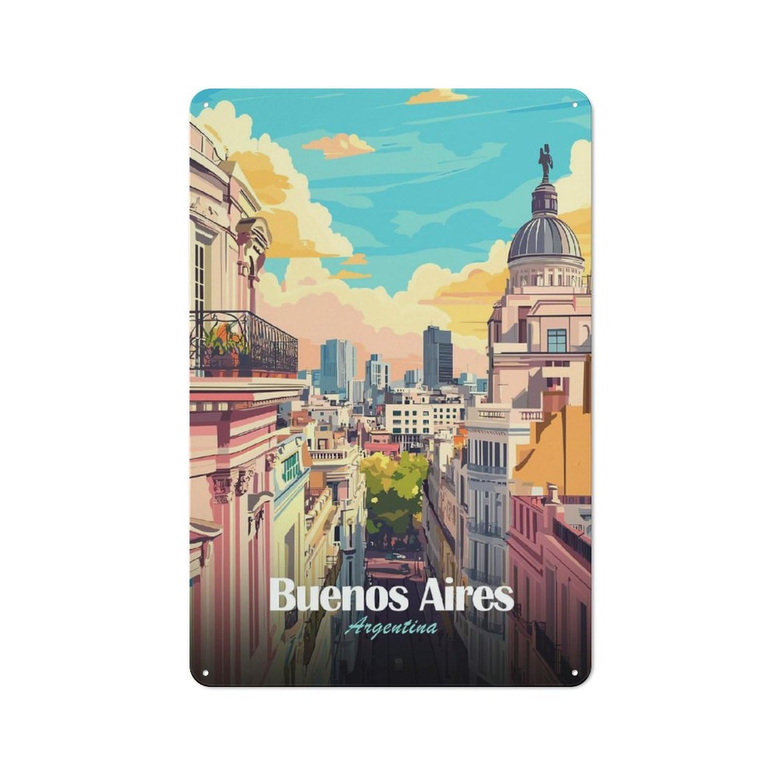 Junmoney Style-16 Retro Metal Wall Sign 30X20cm With Buenos Aires, Argentina Cityscape Illustration For Workshop Wall, For Kitchen, Dining Room And Home Bar Wall Decor